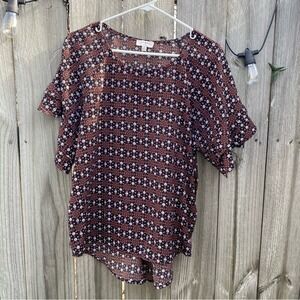 Umgee USA Black Rust Floral‎ Medallion Ruffle Sleeve High Low Blouse Small